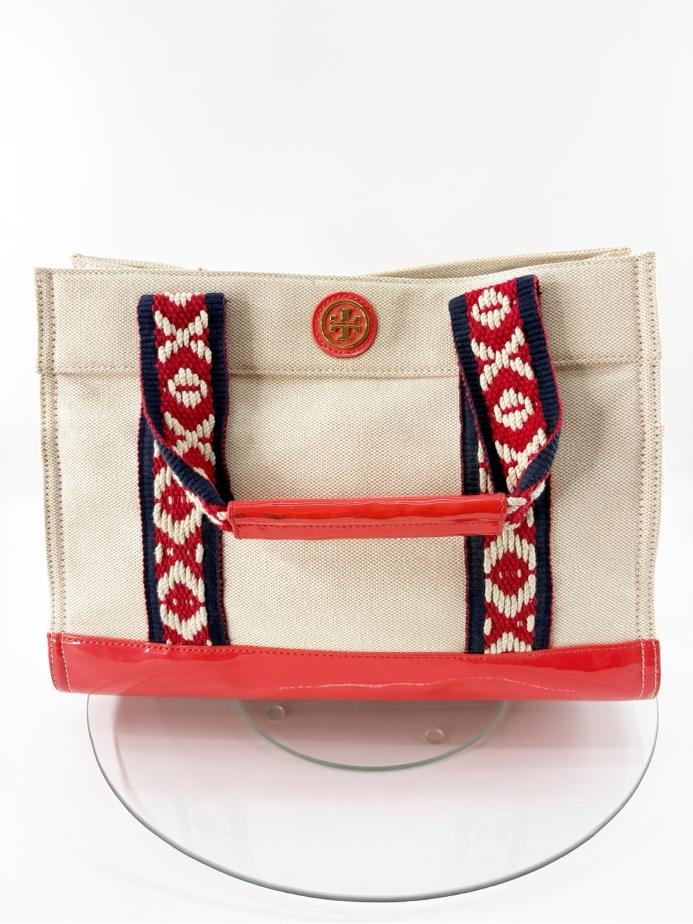Tory Burch Canvas Tote Bag Coral Patent Trim Embroidered Straps Beach Summer
